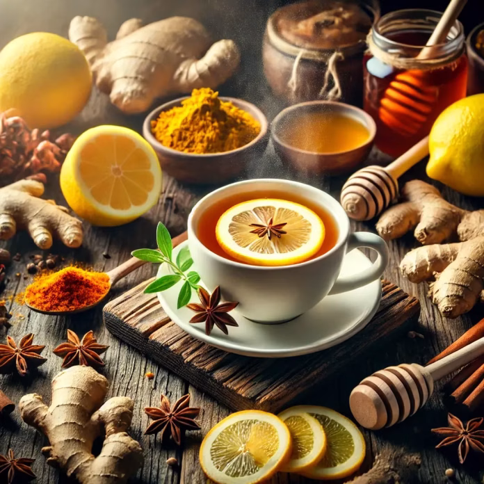 Ceaiuri pentru imunitate. Ceașcă de ceai din plante alături de ghimbir, lămâie, turmeric și miere, un remediu natural pentru întărirea imunității.
