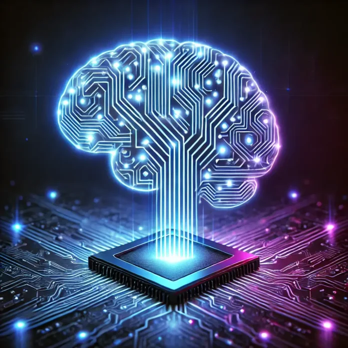 Documentare despre inteligența artificială. Imagine abstractă reprezentând inteligența artificială, cu un creier uman conectat la un circuit digital, iluminat în tonuri de neon albastru și violet pe un fundal futurist.