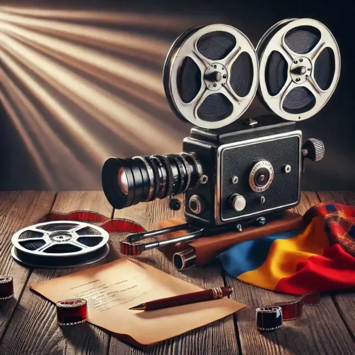 Cele mai bune filme romanesti din ultimii 10 ani. Imagine reprezentând cinematografia românească: o cameră de filmat vintage pe o masă de lemn, alături de role de film și un scenariu, cu un fundal artistic iluminat subtil.