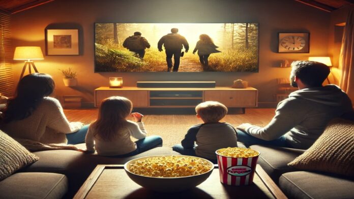 Filme și seriale în 2025. O familie care vizionează un film acasă pe un ecran mare, într-un living confortabil.