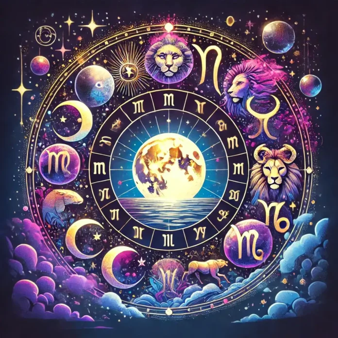 Horoscop 12 ianuarie 2025 - imagine vibrantă cu cele 12 zodii pe un fundal cosmic, perfectă pentru articol despre previziunile astrologice.