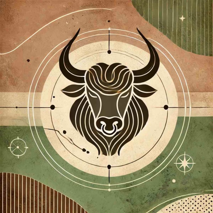Horoscop anual 2025 Taur – Simbol stilizat al zodiei Taur cu elemente astrale și tonuri naturale, reflectând stabilitatea și energia acestei zodii.