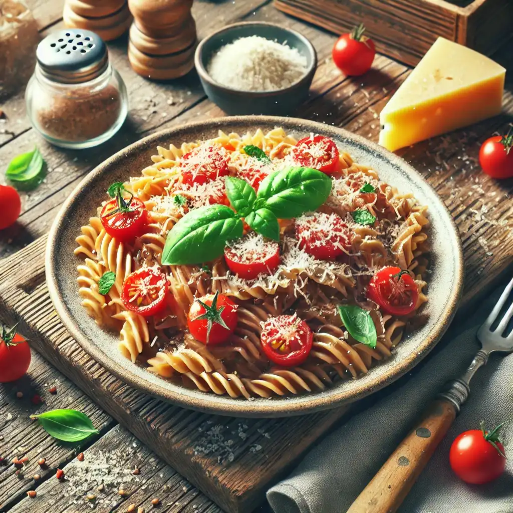 Farfurie de paste integrale cu sos proaspăt de roșii, busuioc și parmezan – o rețetă de cină rapidă și delicioasă
