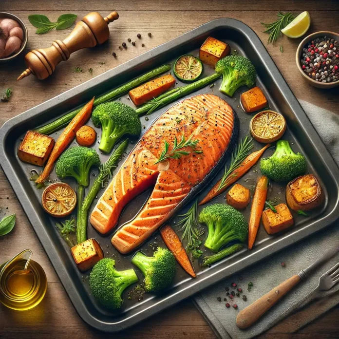 File de somon gătit la cuptor, alături de legume proaspete precum broccoli, morcovi și cartofi dulci – rețete cină rapidă.