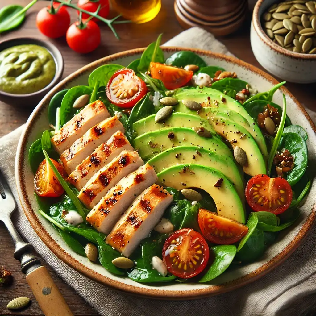 Salată caldă cu fâșii de pui la grătar, avocado, roșii cherry și mix de verdețuri, garnisită cu semințe de dovleac și dressing de iaurt.