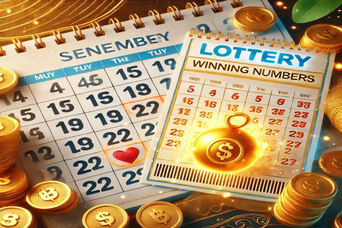 Zile norocoase loto. Bilet de loterie cu numere câștigătoare evidențiate, înconjurat de monede aurii și un talisman norocos. În fundal, un calendar cu zilele norocoase pentru jocul la loto