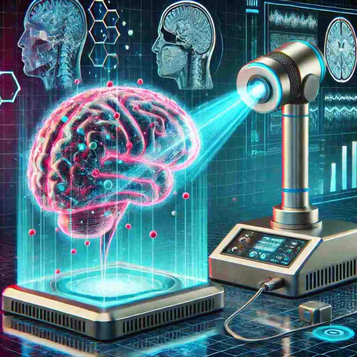 Imagistica fotoacustica creier. Sistem avansat de imagistică fotoacustică scanând un creier uman într-un laborator de cercetare.