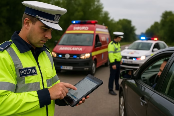 Verificari cu aplicatia eDAC. Politist roman folosind aplicatia eDAC la un control rutier, alaturi de echipaje SMURD si politie