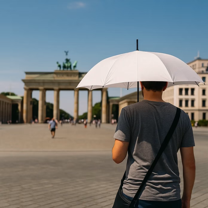 Vremea în Germania – caniculă în Berlin, bărbat cu umbrelă în fața Porții Brandenburg
