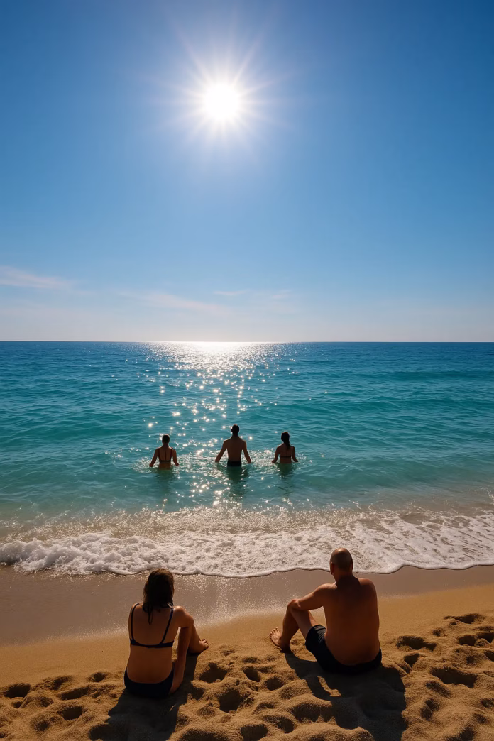 Plajă însorită la Marea Neagră, oameni relaxându-se și înotând, vremea azi 16 august 2025